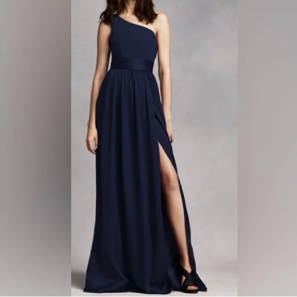 WHITE by Vera Wang one shoulder dress. Size 4. EUC. Navy blue. Maxi dress, floor